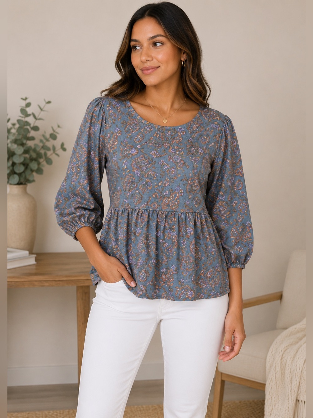 Bobeau Peplum Blouse Top sz XS Floral Terracotta NEW # G540